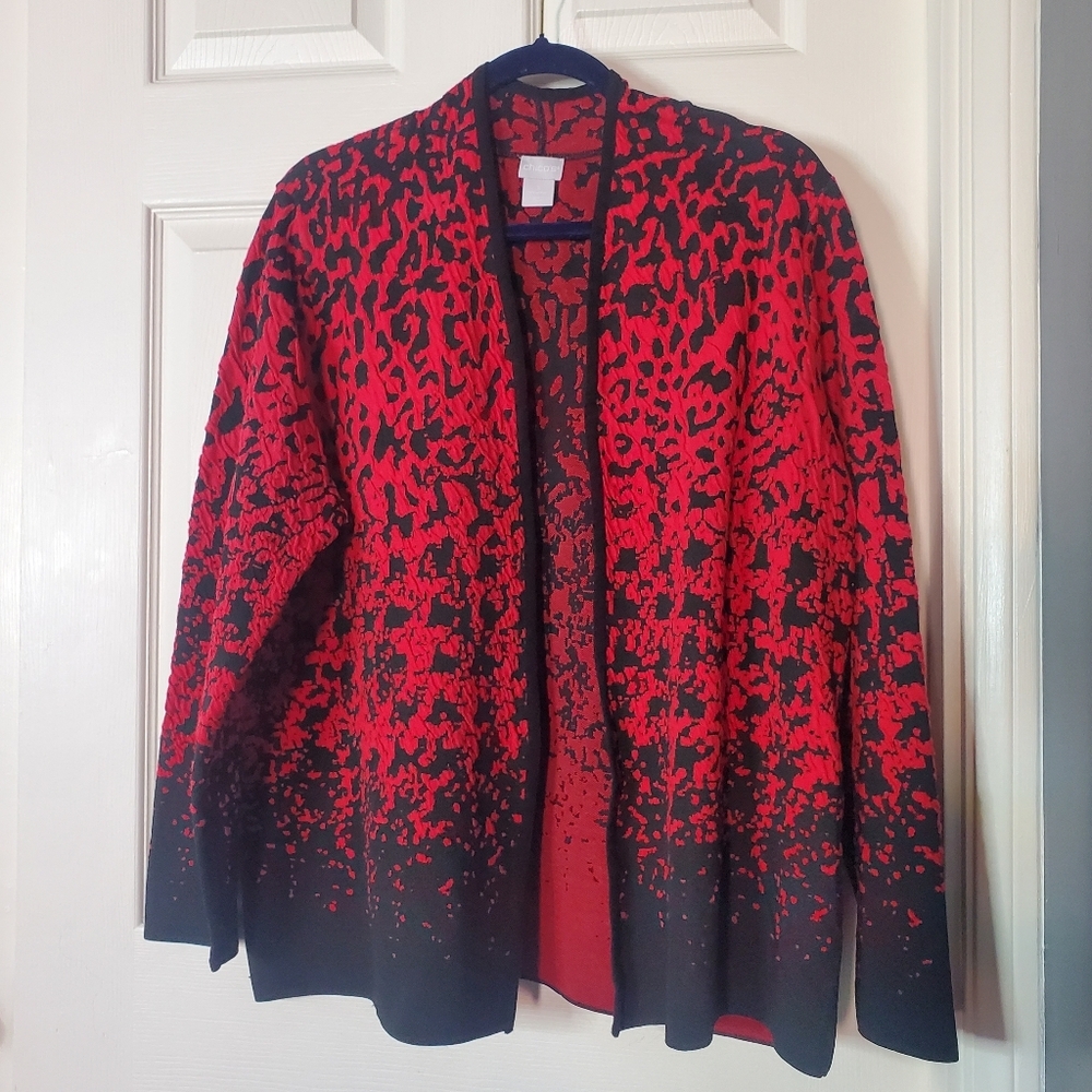Chico's Red Animal Print Cardigan Sweater Open Holidays Christmas Evening Sz XL - Picture 3 of 13